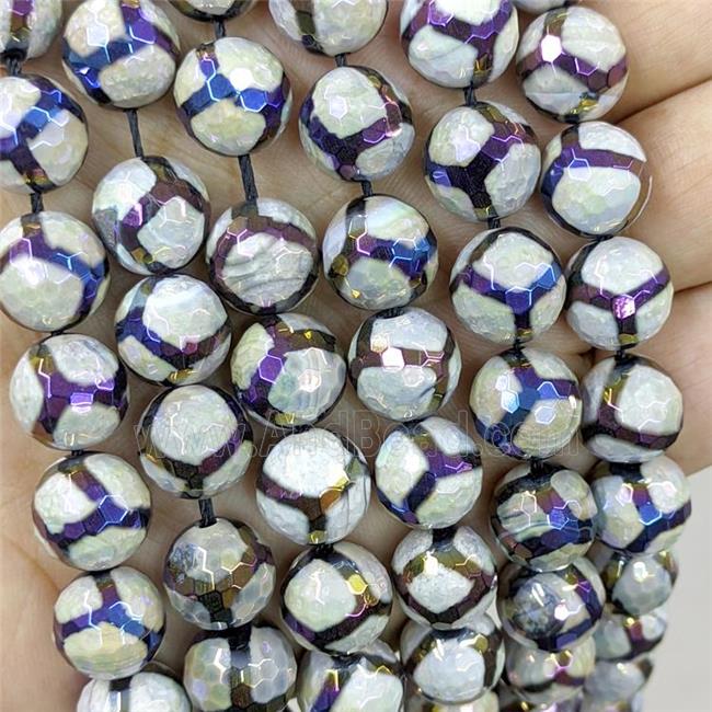 Tibetan Agate Beads Football Faceted Round Rainbow Electroplated