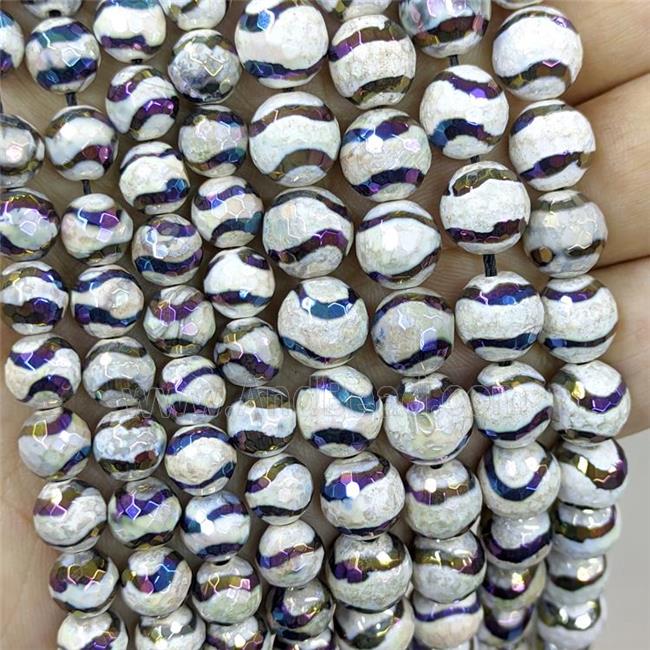 Tibetan Agate Beads Wave Faceted Round Rainbow Electroplated
