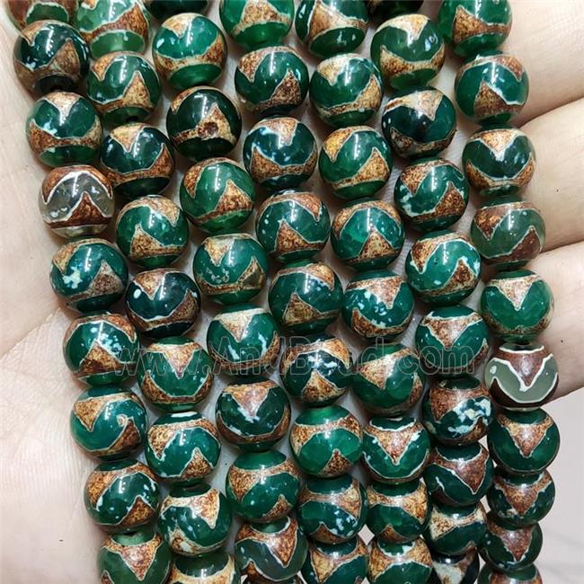 Tibetan Agate Beads Green Smooth Round Wave