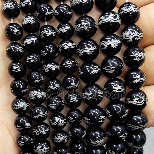 Natural Black Obsidian Beads Round Carved Loong Buddhist