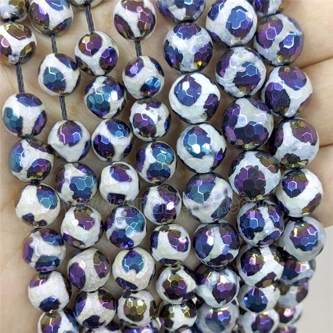 Tibetan Agate Beads Faceted Round Football Rainbow Electroplated