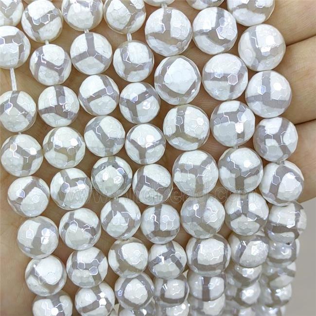 White Tibetan Agate Beads Faceted Round Football Electroplated