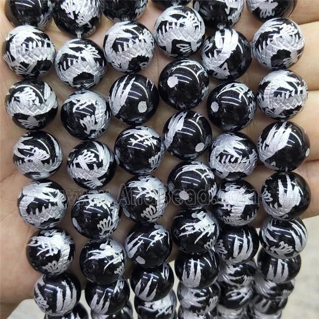 Natural Black Onyx Agate Beads Round Carved
