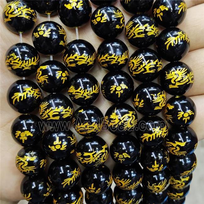 Natural Black Agate Beads Round Carved