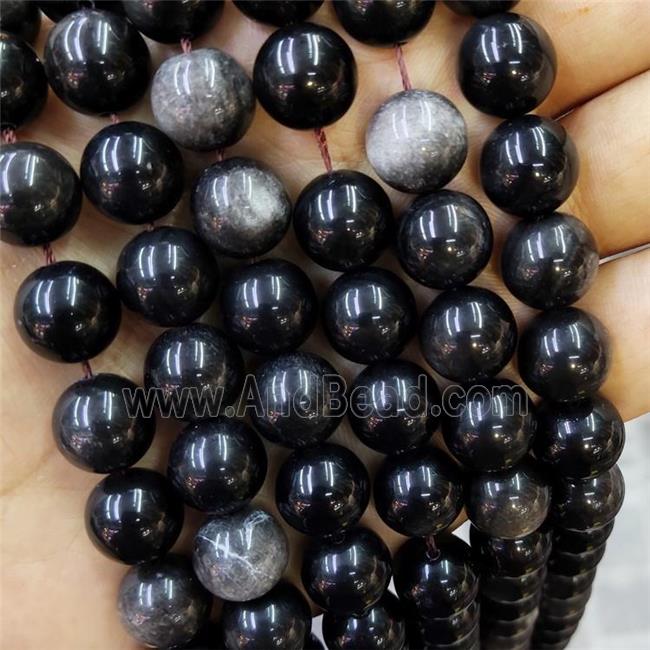 Natural Obsidian Beads Silver Flash Smooth Round