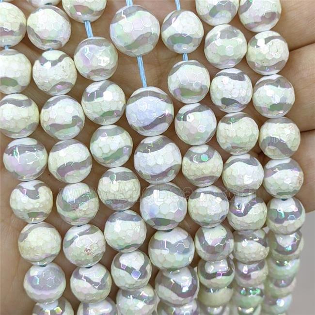 Tibetan Agate Beads White Wave Faceted Round AB-Color Electroplated