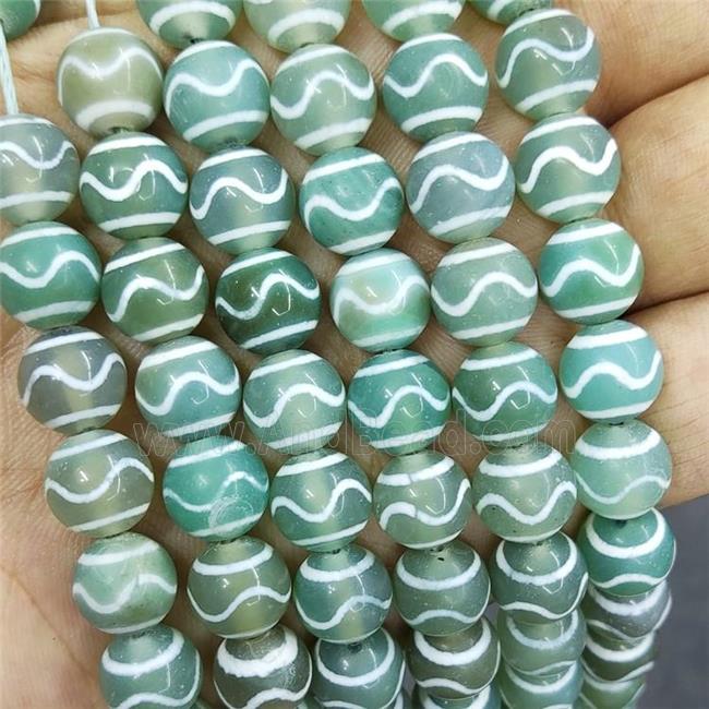 Tibetan Agate Beads Green Wave Smooth Round