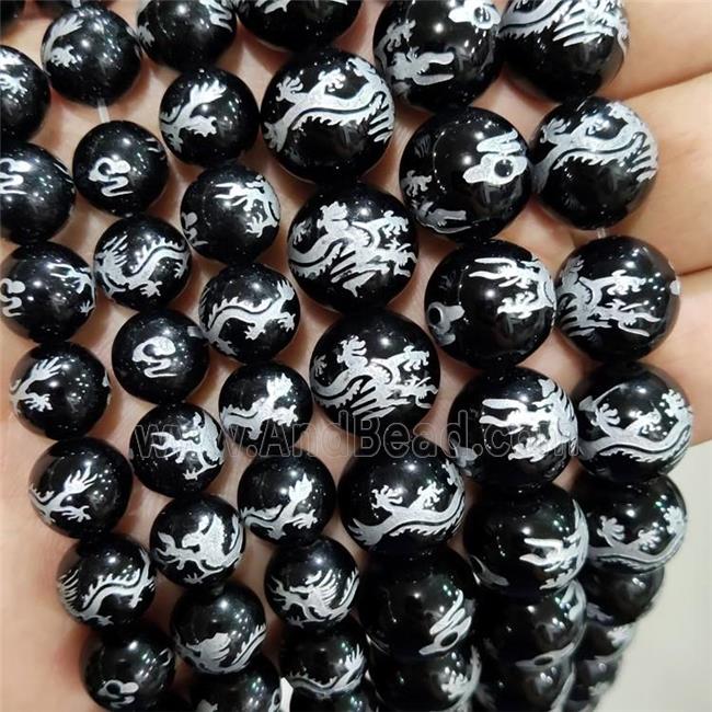 Natural Agate Beads Black Dye Round Carved Dragon