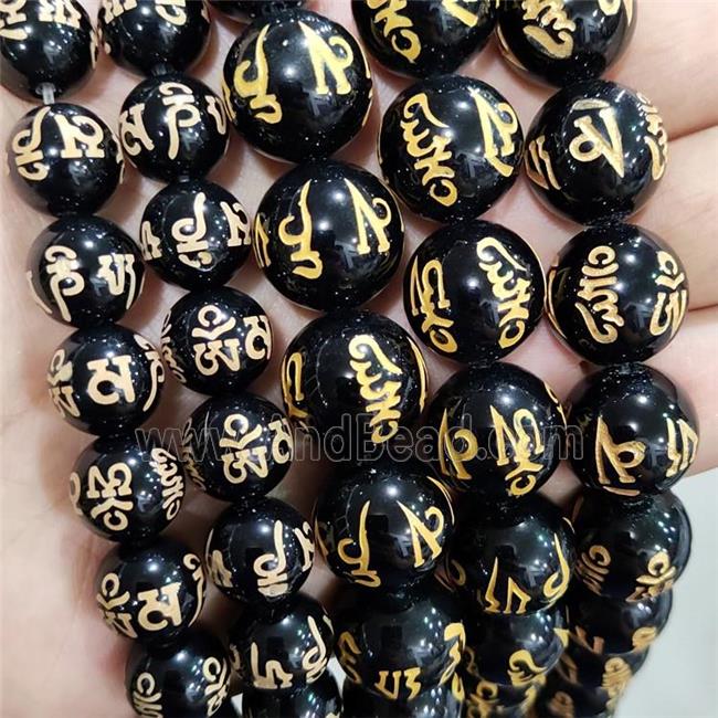 Natural Agate Buddhist Beads Black Dye Round Carved Om Mani Padme Hum