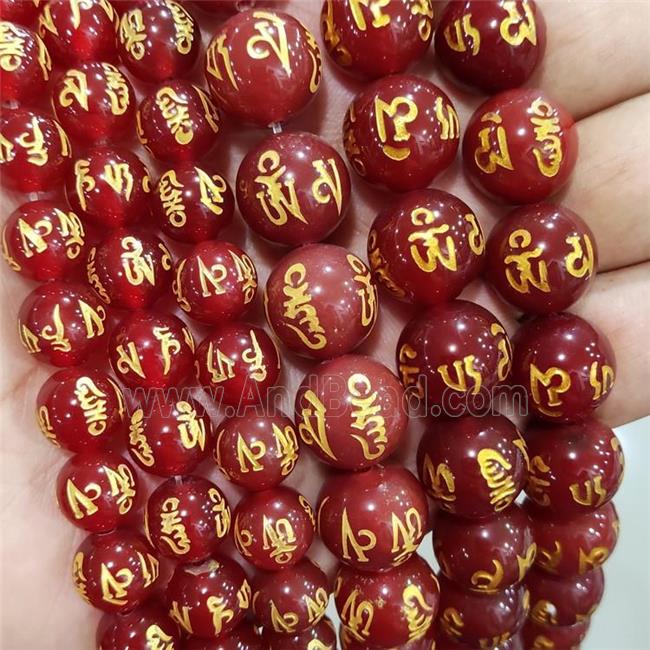 Natural Agate Buddhist Beads Red Dye Round Carved Om Mani Padme Hum