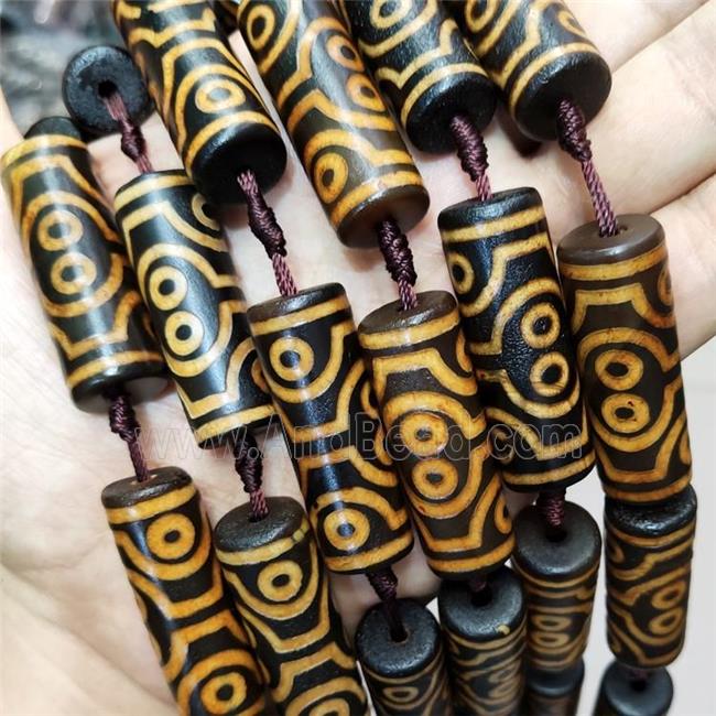 Tibetan Style Agate Column Beads Yellow Evil Eye Black