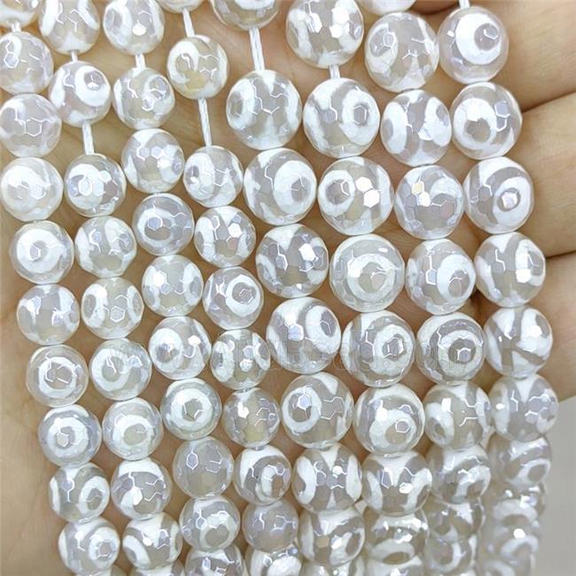 White Tibetan Agate Beads Faceted Round Evil Eye Electroplated