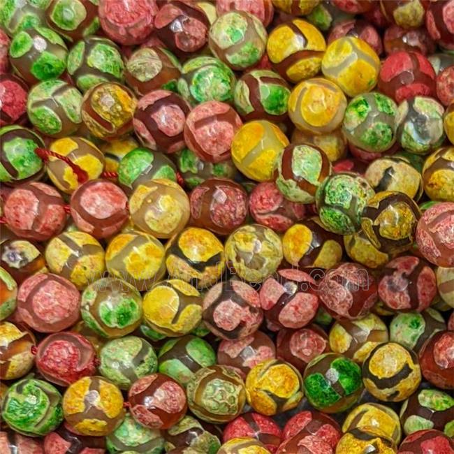 Tibetan Agate Beads Faceted Round Mixed Color Dye