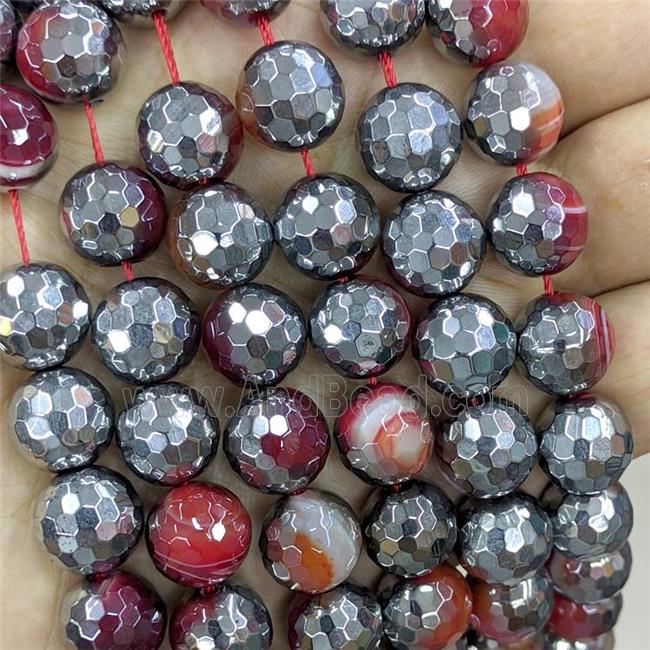 Natural Stripe Agate Beads Faceted Round Red Dye Platinum Plated