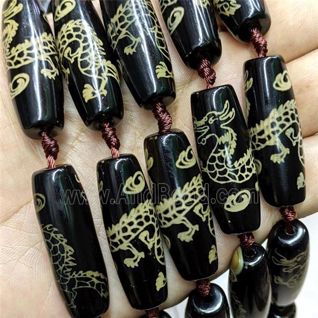 Tibetan Agate Rice Beads Black Yellow Dragon
