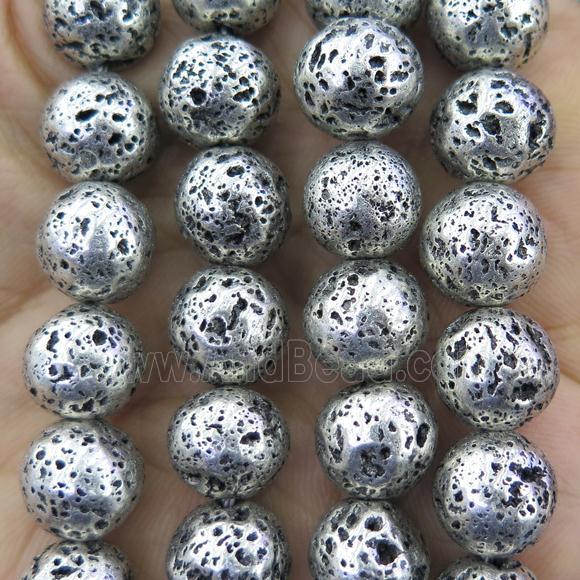 round Lava Stone Beads, Antique silver plated