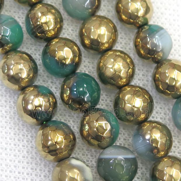 faceted round green Agate beads, half gold electroplated