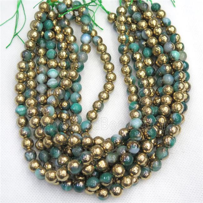 faceted round green Agate beads, half gold electroplated