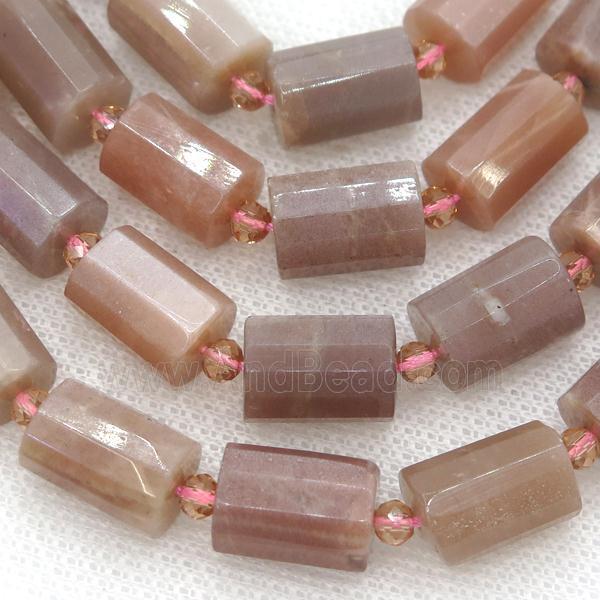 Peach Moonstone Column Beads Faceted Cylinder