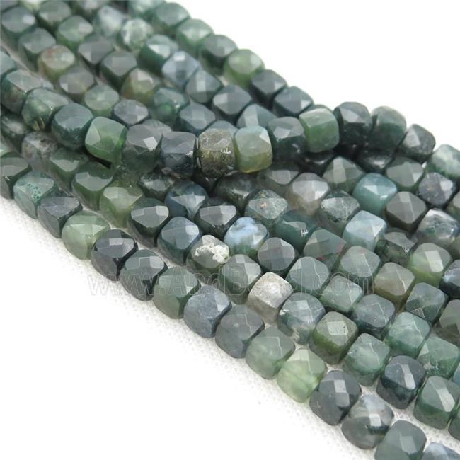 green Moss Agate Beads, faceted cube
