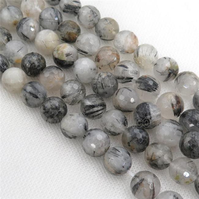 black Rutilated Quartz Beads, faceted round