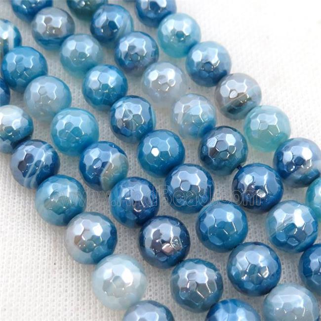 blue striped Agate beads, faceted round, light electroplated