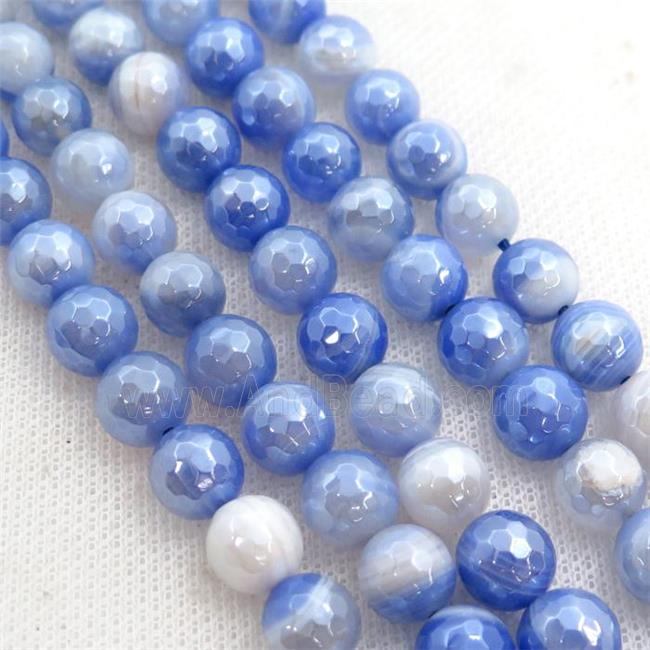 blue striped Agate beads, faceted round, light electroplated