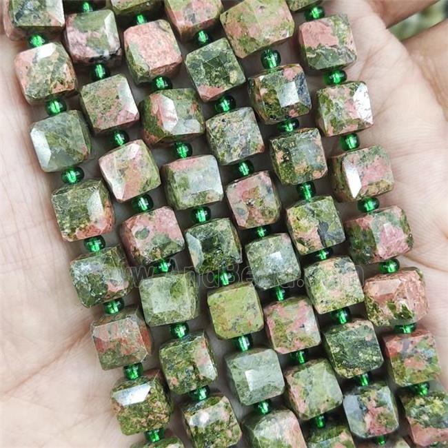 Unakite Beads, green, faceted cube
