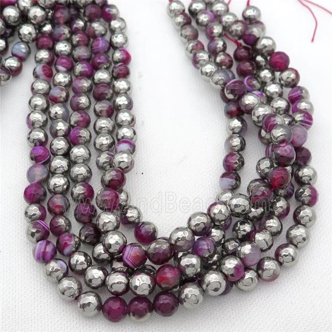 striped Agate beads, faceted round, half silver electroplated