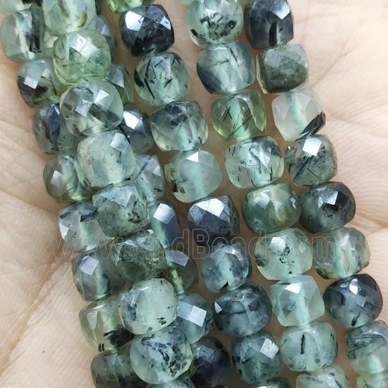 green Prehnite Beads, faceted cube, B-Grade