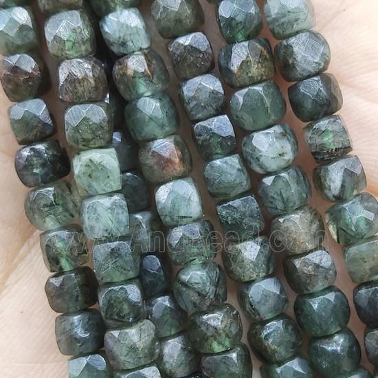 green Rutilated Quartz Beads, faceted cube
