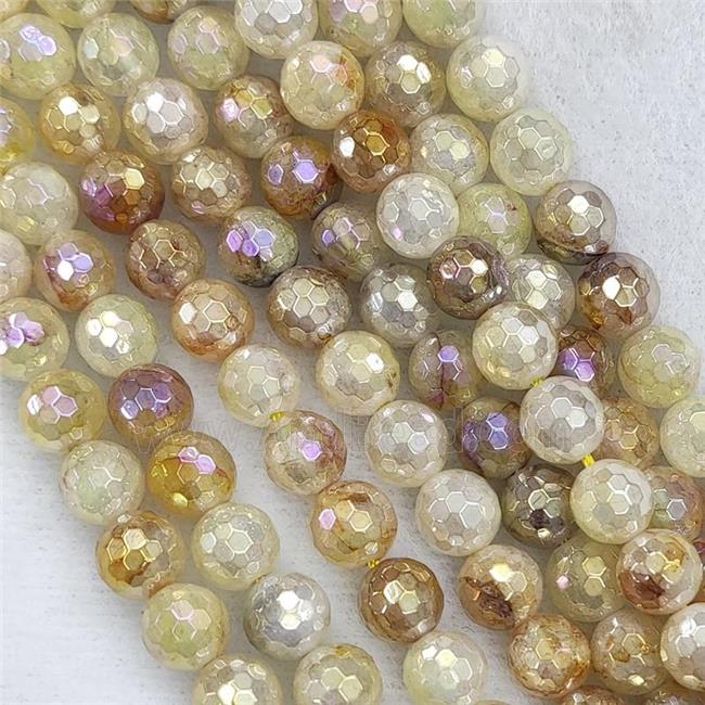 Natural Yellow Hematoid Quartz Beads Faceted Round AB-Color Electroplated