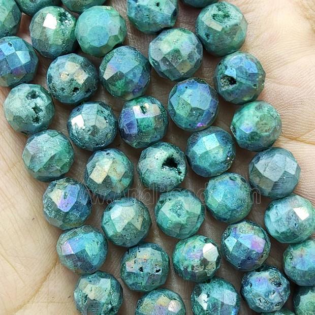 Green Agate Druzy Geode Beads Faceted Round Electroplated