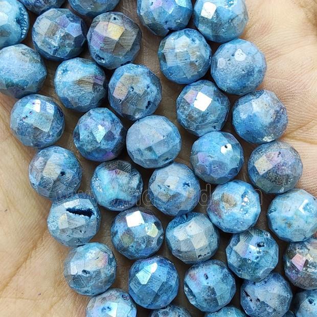 Blue Agate Druzy Geode Beads Faceted Round Electroplated