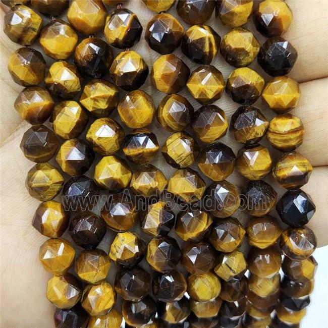 Natural Tiger Eye Stone Beads Yellow Round Diamond Cut