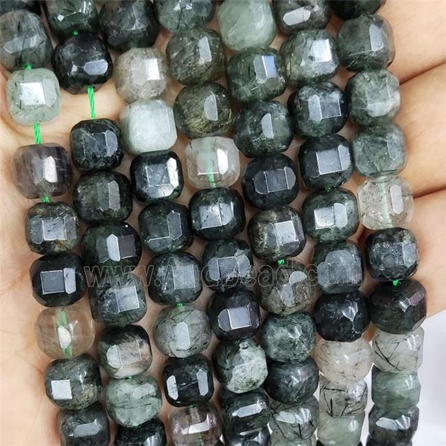 Natural Green Rutilated Quartz Beads Faceted Cube