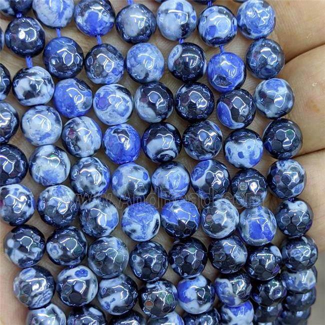 Blue Fire Agate Beads Faceted Round Electroplated