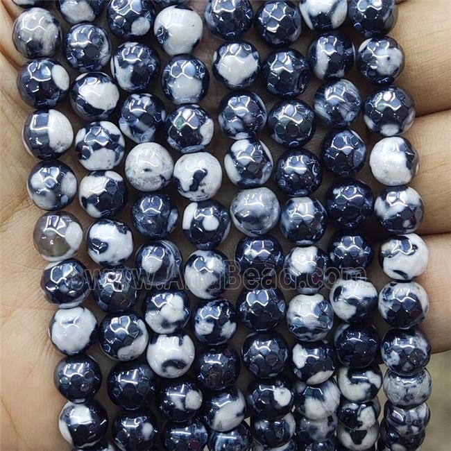 White Black Fire Agate Beads Faceted Round Electroplated