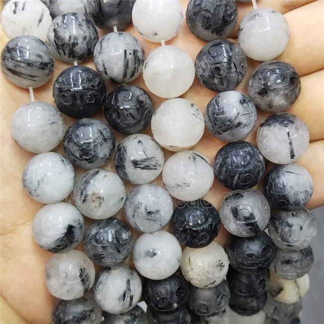Black Rutilated Quartz Beads Round Carved