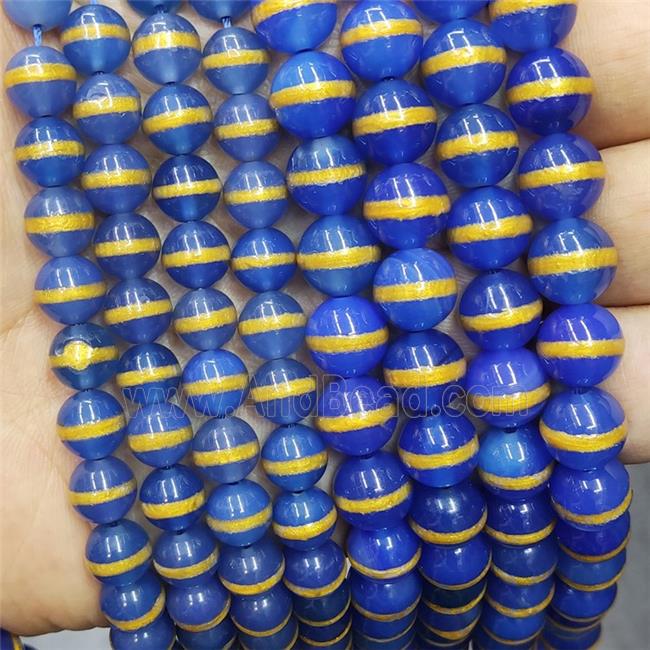Blue Tibetan Style Agate Beads Smooth Round Gold Line