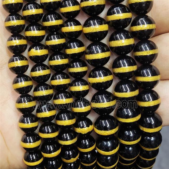 Black Tibetan Style Agate Beads Smooth Round Gold Line