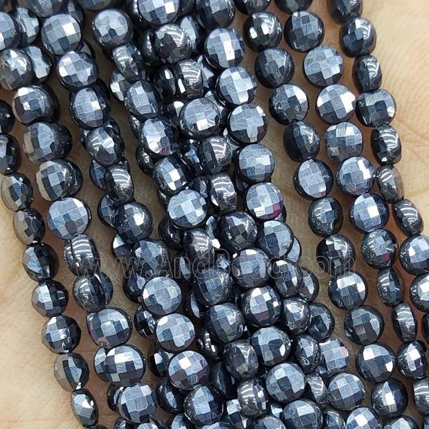 Natural Terahertz Stone Beads Silver Faceted Coin