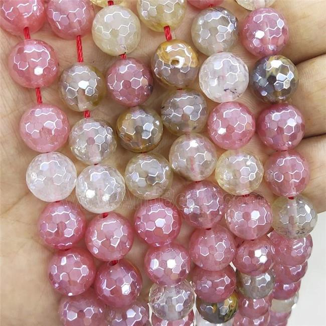 Pink Synthetic Quartz Beads Faceted Round Tigerskin Electroplated