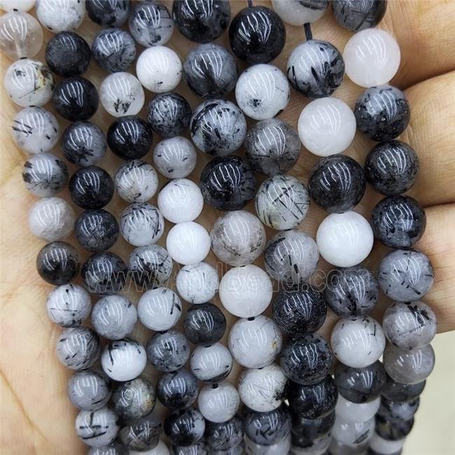 Natural Black Rutilated Quartz Beads Smooth Round
