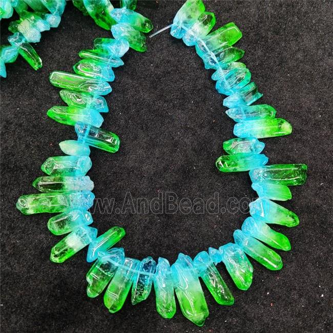 Natural Crystal Quartz Stick Beads Green Blue Dye Dichromatic Polished