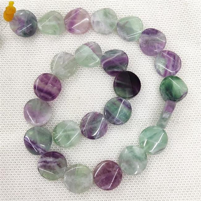 Natural Fluorite Beads Coin Flat Multicolor Twist
