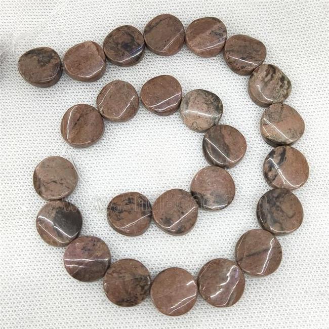 Natural Chinese Rhodonite Coin Beads Pink Twist B-Grade