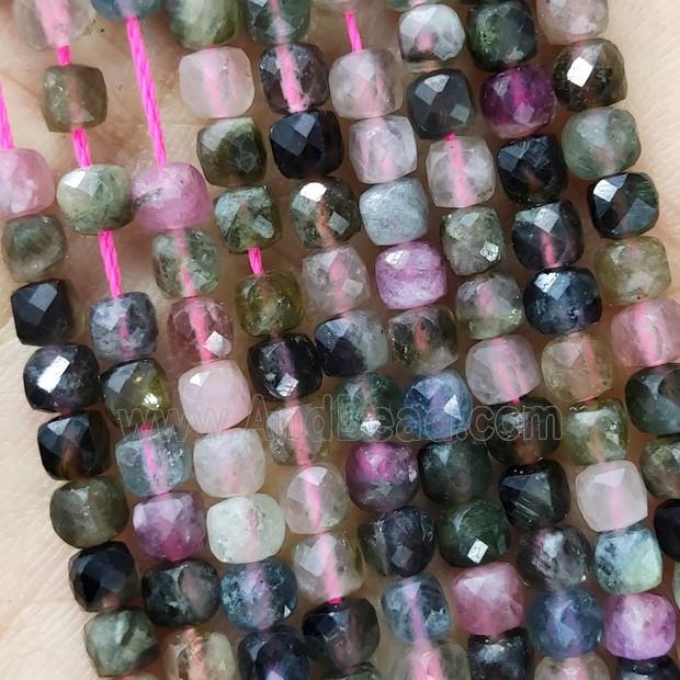 Natural Tourmaline Beads Multicolor Faceted Cube