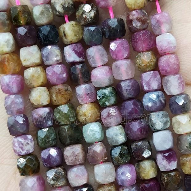 Natural Tourmaline Beads Multicolor Faceted Cube