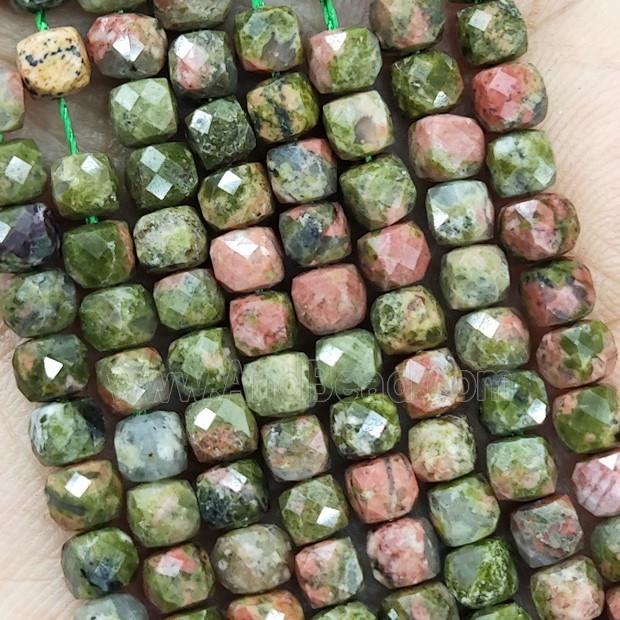 Natural Unakite Beads Green Faceted Cube